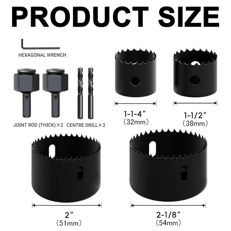 METOTO طقم مناشير ثقوب 9 قطع (1-1/4" إلى 2-1/8"|32-54 مم) مع عمود ومستلزمات قطع للأخشاب اللينة، لوح PVC ومشاريع منزلية - Image 2
